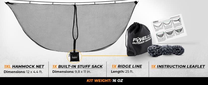 Foxelli XL Hammock Net – 12ft Net for Hammocks, Lightweight Portable Hammock Netting, Fast and Easy Set Up, Fits All Camping Hammocks