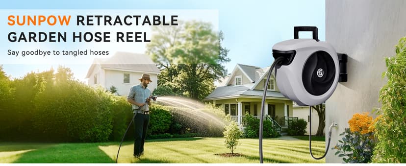 SUNPOW Retractable Garden Hose Reel 1/2 Inch x 33ft - Wall Mounted Hose Reel with 3/4 Inch Brass Fittings & 10-Pattern Nozzle - Auto Rewind System, Any Length Lock, 180° Swivel Bracket