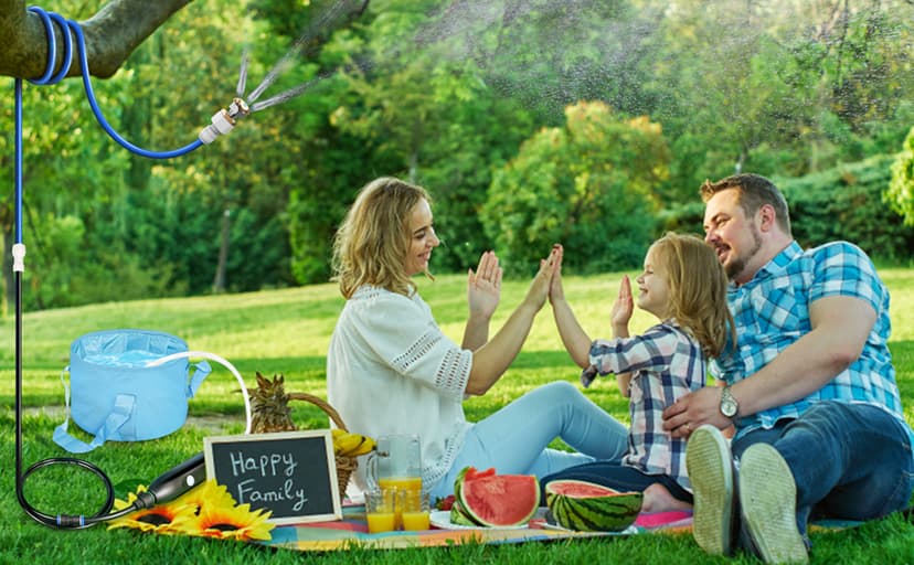 Portable Misting System with Water Pump, Plant Sprayer & Garden Hose Mister 3-in-1, No Faucet Required Misters for Outside Patio Beach Camping Golf Cart Boat, Smart Misting Cooling System