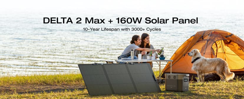 EF ECOFLOW Solar Generator Delta 2 Max 2048Wh with 2x160W Solar Panel, 2400W Portable Power Station LFP Battery, Up to 3400W AC Output, AC + Solar Fast Dual Charging 0-100% in 1 Hr for Camping RV