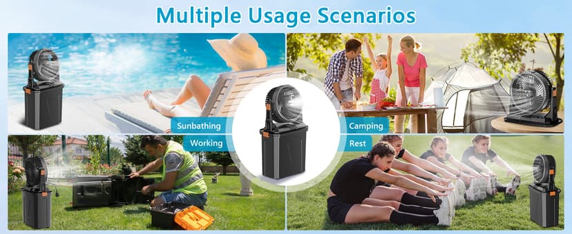 GHORA Portable Misting Fan with 9L Water Tank, 20000mAh Rechargeable Battery Camping Fan, Outdoor Cooling Fans for Patios with Remote & LED, 4 Speeds, 4 Spray Mister Modes, for Home, Outside