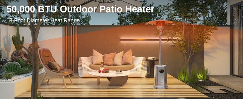EAST OAK 50,000 BTU Patio Heater with Sand Box, Double-Layer Stainless Steel Burner, Table Design, Safety Protection System, Wheels, Propane Patio Heater for Home and Commercial, Stainless Steel