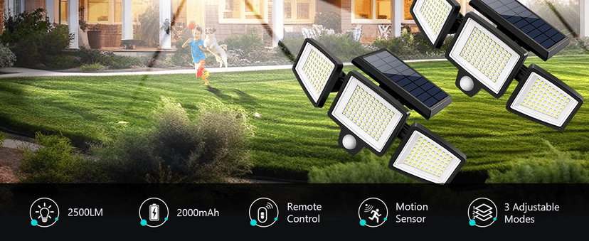 Tuffenough Solar Outdoor Lights 2500LM 210 LED Security Lights with Remote Control,3 Heads Motion Sensor Lights, IP65 Waterproof,270° Wide Angle Flood Wall Lights with 3 Modes(2 Packs)