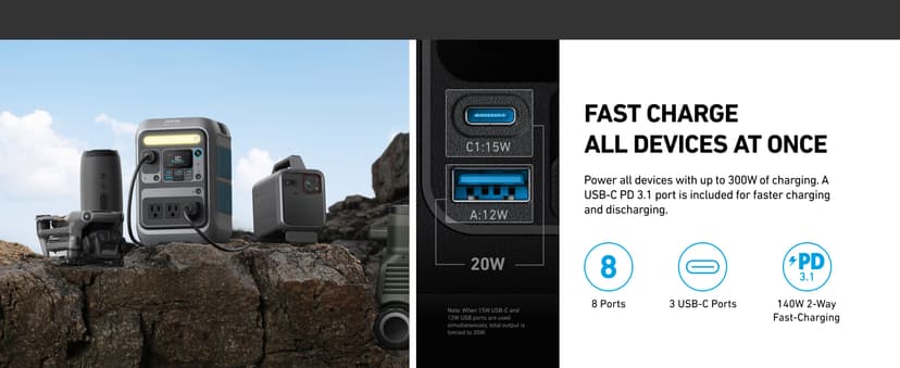 Anker SOLIX C300 Portable Power Station, Outdoor 288Wh LiFePO4 Battery, 300W (600W Surge) Solar Generator, 140W Two-Way Fast Charging, for Camping, Traveling, and Emergencies (with 60W Solar Panel)