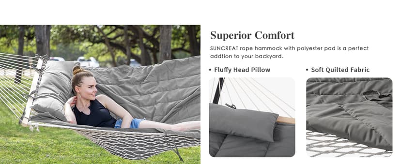 SUNCREAT 15 FT Hammocks for Outside, Two Person Hammock for Patio, Garden, Porch, Outdoor, Light Gray