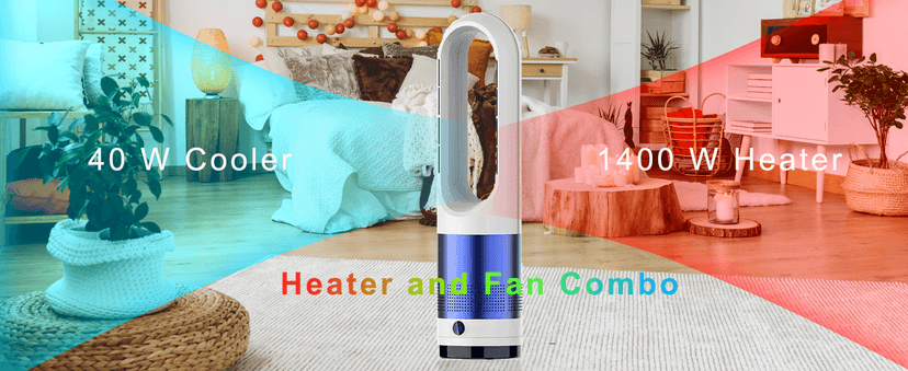 Bladeless Heater and Fan Combo, 1400 Watt Heater Fan and 40 Watt Cold Fan, 80° Oscillating Fan, All the Season Use, Remote and Touch Control, Floor Tower fan, Office Room, Bedroom, Blue White