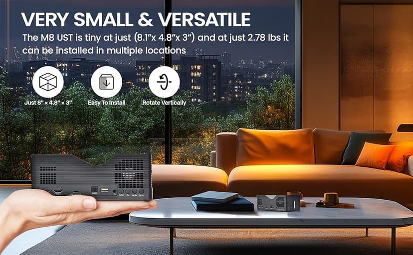 AAXA M8 UST Ultra Short Throw 4K Laser Projector 1100 LD Lumens, BT 5.4, WiFi 6, USBC Mirroring, 2xHDMI, Optical Audio, Efocus, Auto Keystone, Smart Technology