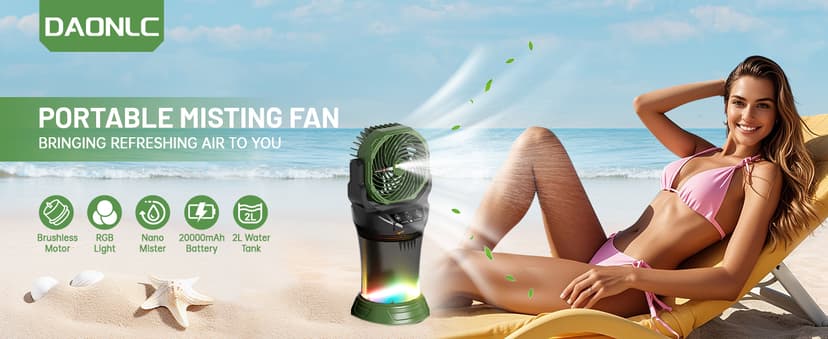 Portable Misting Fan with Remote & 30000mAh Rechargeable Misting Fans for Outside Patios Camping Beach & Workshops Mist Fan Portable for Outdoor/Indoor 2L Water Tank RGB Light 4 Speeds & Spray