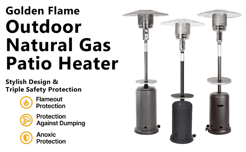 Outdoor Natural Gas Patio Heater, 45,000 BTU, XL-Series, Propane Heater, Anti-Tilt Safety Shut-Off, Portable Heater, Includes Drink Table & Wheels, Residential & Commercial Matte Mocha 89" Tall