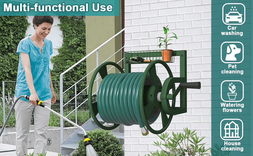 Garden Wall Mounted Hose Reel, Outdoor Heavy-Duty Water Hose Holder Winder, Holds 125 Feet of 5/8-Inch Hose, with 3.9 ft Leader Hose, Brass Fitting and Storage Basket for Yard, Green