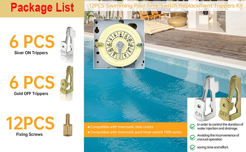 Updated Pool Timer On Off Clips 12pcs, Juvaeny Time Switch Replacement Trippers Kit 156T1978A Pool Pump Timer Tripper Compatible with Intermatic T100 Series T101 T104 Timer Parts (6On /6Off /12Screws)