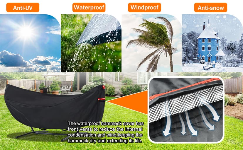 Waterproof Hammock Cover, Sun Rain UV Dust Snow Protection with Windproof Straps & Soft Cotton Lining for 55 inch Spreader Bars
