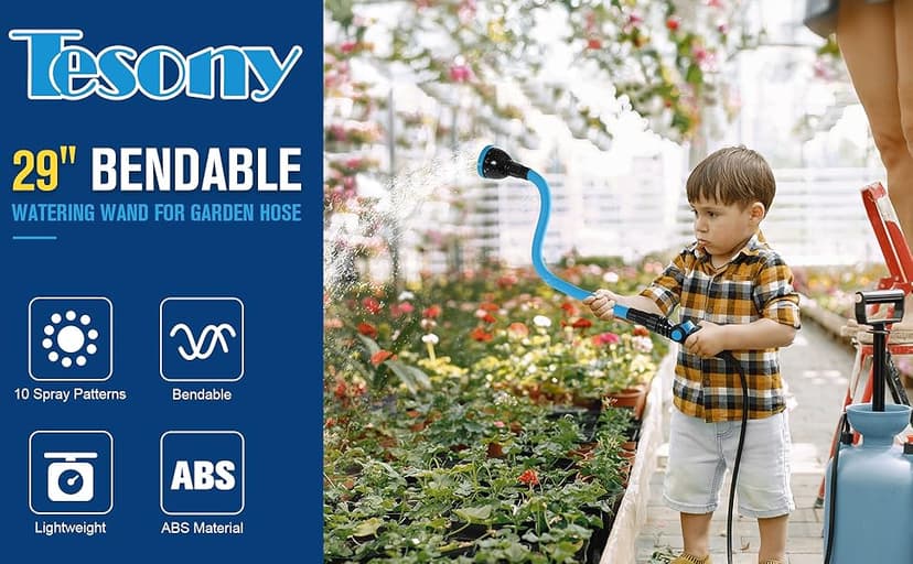 Tesony Watering Wand, 29" Bendable Garden Hose Wand with 10 Adjustable Spray Patterns, Water Sprayer Wand with Thumb Control Shut Off Valve, Quick Connector, Great for Hanging Baskets, Watering Plants