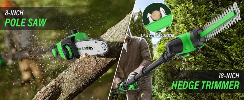 SOYUS Pole Saw 8-Inch Cordless and 18-Inch Pole Hedge Trimmer 2-in-1, 15-Foot Max Reach Pole Saw for Tree Trimming, 16ft/s Speed, Auto Oiling, Multi-Angle Pole Chainsaw with 2.0Ah Battery & Charger