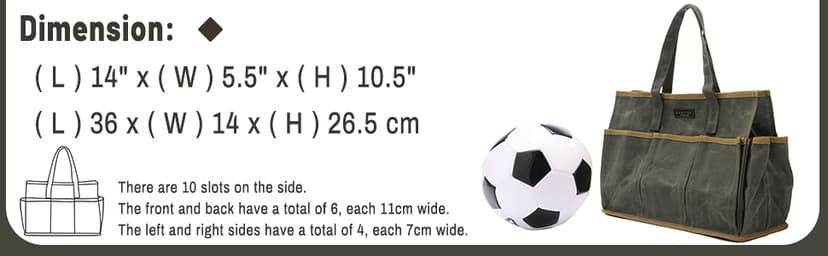 Tool Tote Bag, Heavy Duty 16oz Waxed Canvas Garden Tool Bag | Portable 11-Pocket Tool Storage Bag for Gardener Electrician Contractor Repairman (14"L x 5.5"W x 10.5"H) – Army Green