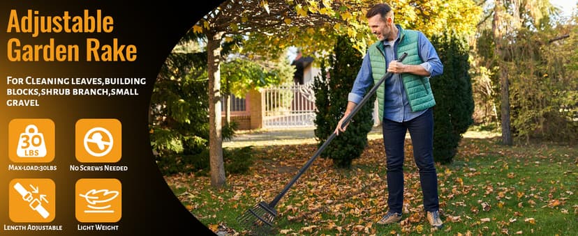 Small Garden Rake for Leaves,11 Tines Heavy Duty Metal Yard Hand Rake with 63in Long Adjustable Handle, Ideal Leaf Scoops Garden Tool for Gathering Leaves, Shrub,Poop, Leveling Grass,Flower Beds,Yards