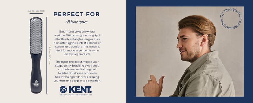 KENT KFM3 Gel Styling Hair Brush for Men, 9 Row Men's Hair Brush with Ionic Anti Static Bristles, Detangling and Smoothing Short to Medium Length Hair