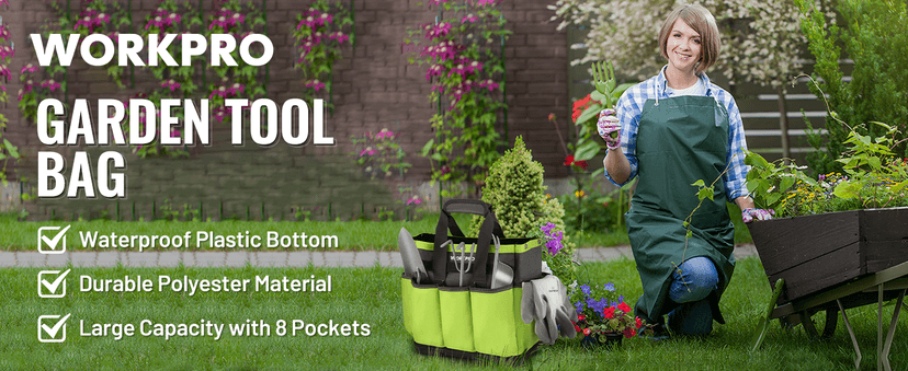 WORKPRO Garden Tool Bag with Waterproof Plastic Base, 8 Pockets Gardening Bag, Heavy Duty Oxford Garden Tote Caddy, Gardening Tool Kit Holder for Indoor and Outdoor(Tools NOT Included)