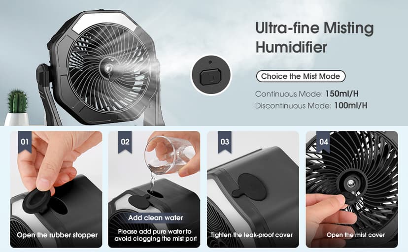 Ausic Portable Misting fan, 8-Inch Cooling Mist Fans, 10000mAh USB Rechargeable Battery Powered Fan with Mister, 250mL Water Tank & LED Lantern, for Home Desk, Bedroom, Office, Outdoor&Indoor Use