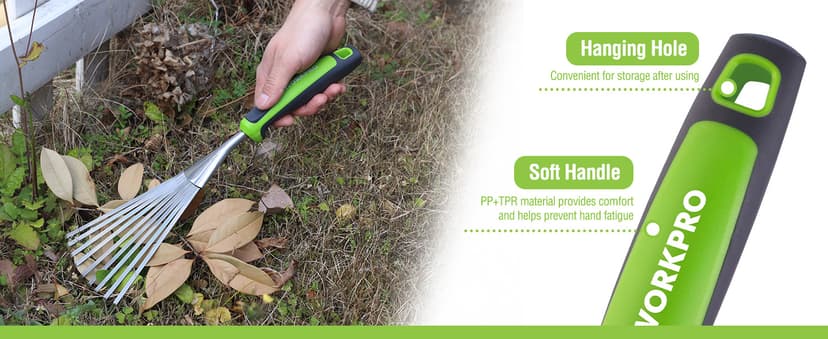 WORKPRO 16" Hand Rake, Heavy Duty Stainless Steel Garden Rake with Soft Handle, Small Garden Hand Tool for Gardening, Cultivating, Loosening Soil & Spreading Mulch, Flower Beds