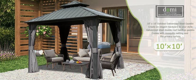 Domi 10' x 10' Hardtop Gazebo Outdoor Metal Gazebo with Galvanized Steel Double Roof Canopy, Curtains and Netting for Patio, Backyard, Deck, Lawn, Grey