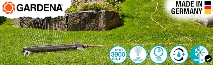 Gardena (18714) Up to 3800 sq ft - AquaZoom Adjustable Oscillating Yard Sprinkler, for Watering Large Area Lawn and Garden. Aquazoom Outdoor oscillating Sprinkler has Wide Heavy Duty Base.