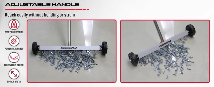 Magnet Sweeper Magnetic Nail Roller: 17-Inch Heavy Duty Magnet Nail Pickup Rolling Tool with Telescoping Adjustable Handle 8.8-Pound Capacity Ideal for Workshop Garage Yard Construction Cleanup