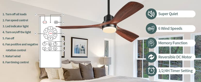 Ceiling Fans with Lights and Remote, 52 Inch Outdoor Ceiling Fan for Patios with Light 3 Downrods, 3 Blades Modern Ceiling Fan Noiseless Reversible DC Motor, Wood Fan for Farmhouse