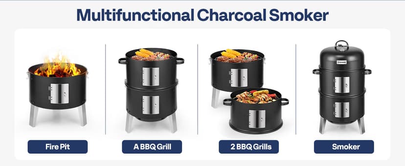 VIVOHOME 3-in-1 Vertical Charcoal Smoker, BBQ Smoker Grill with Built-in Thermometer, Air Vent, and 2 Access Doors, Idea for Parties, Backyard, Barbecues