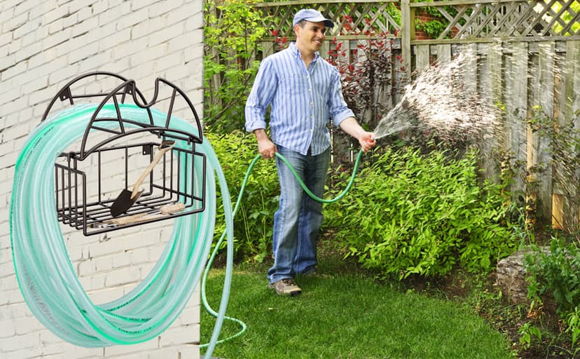 Lamir Heavy Duty Metal Garden Hose Reel with Tool Storage Basket, Wall Mount for Outer Yards and Garden Lawns