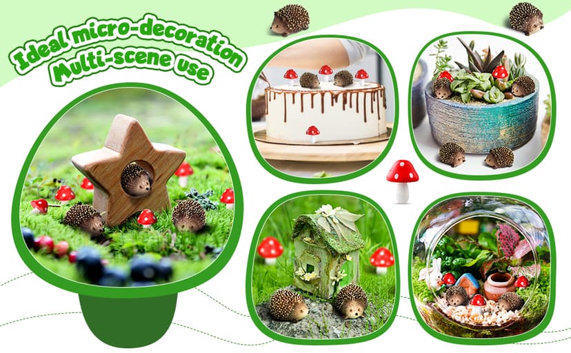 Queekay Resin Hedgehogs & Wood Mushroom Sculpture, Fairy Wild Garden Supplies, 6 Pieces, Red, Handmade Decor