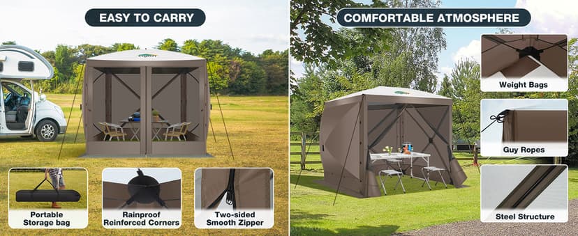 COBIZI Pop Up Gazebo Screen Tent Screen House for Camping, 8FTx8FT Screen Room with Sidewalls and Mosquito Netting, Hub Tent Instant Screened Canopy with Carrying Bag and Ground Stakes, Brown