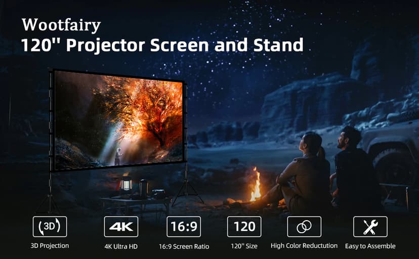 Projector Screen and Stand, Wootfairy 120 inch Foldable and Portable Projection Screen 16:9 4K HD Rear Front Wrinkle-Free Movie Screen with Carry Bag for Indoor Outdoor Home Theater Backyard Cinema