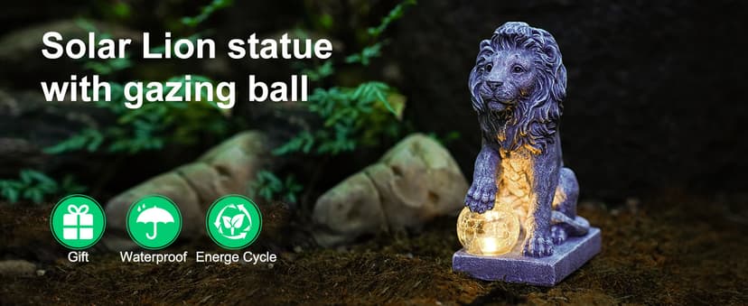 Nacome Solar Guardian Lion Garden Statue: Outdoor Decor Sculpture with Ball Lights for Yard Art Porch Patio - Unique Birthday Gifts for Women Mom
