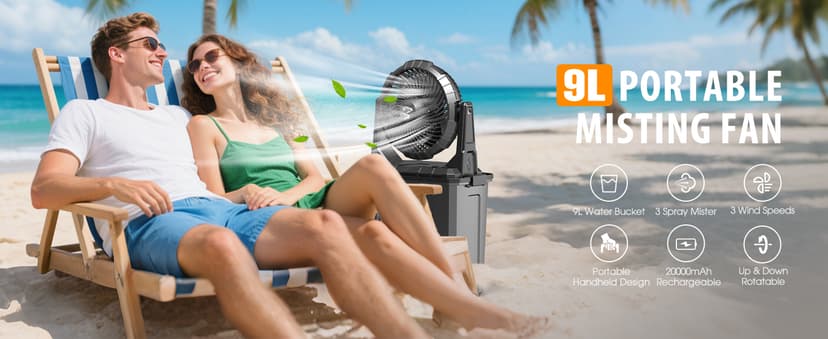 Ausic 9L Bucket Portable Misting Fan for Outdoors Patios, 20000mAh Rechargeable Battery Operated Camping Fan, 3 Strong Winds, 3 Large Spray Outlets, for Fishing/Travel/Garden Party/Golf/Tent/Office