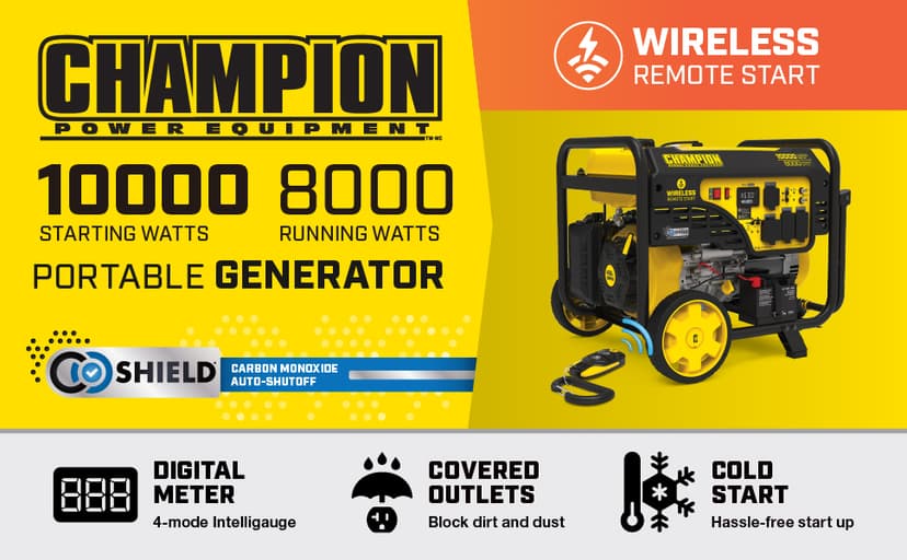 Champion Power Equipment 10,000-Watt Wireless Remote Start Home Backup Portable Generator with CO Shield