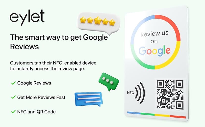 Google review card v3 from eylet | No Subscription, faster NFC Taps and QR code for instant sharing of the Google review link for your business, works with iPhone and Android.