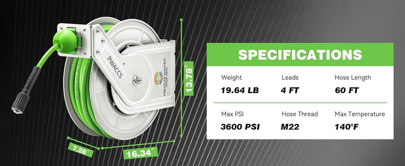 PWACCS Retractable Pressure Washer Hose Reel, 1/4" x 60ft Heavy Duty Power Washer Hose Reel, High Pressure Reel Auto Rewind, Wall/Floor Mounted, 3600 PSI