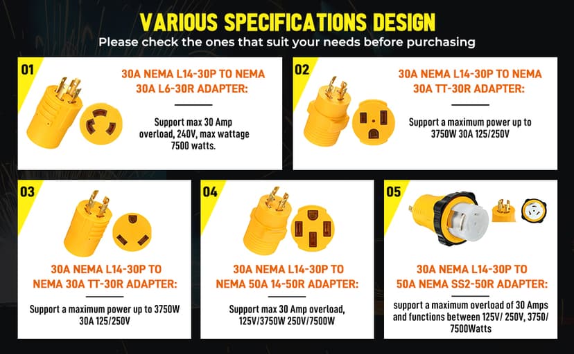 Kanayu Generator to Welder Adapter Compatible with Nema L14-30p to 6-50r 30 Amp 4 Prong Lock Male Plug to 3 Prong Female Receptacle Adapter Dryer Ev Charger Power Cord Connector 250v(Yellow)