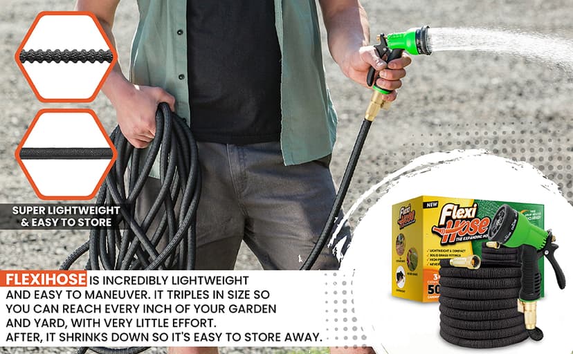 Flexi Hose with 8 Function Nozzle, 50FT - Lightweight Expandable Garden Hose, No-Kink Flexibility, 3/4 Inch Solid Brass Fittings and Double Latex Core