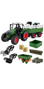 Farm Toys Tractor with Trailer-16.5 Inches Tractor Playset 1/24 Scale Gripper Frontloader Spreader for Boys Kids Toddlers Age 3-7 Years Old
