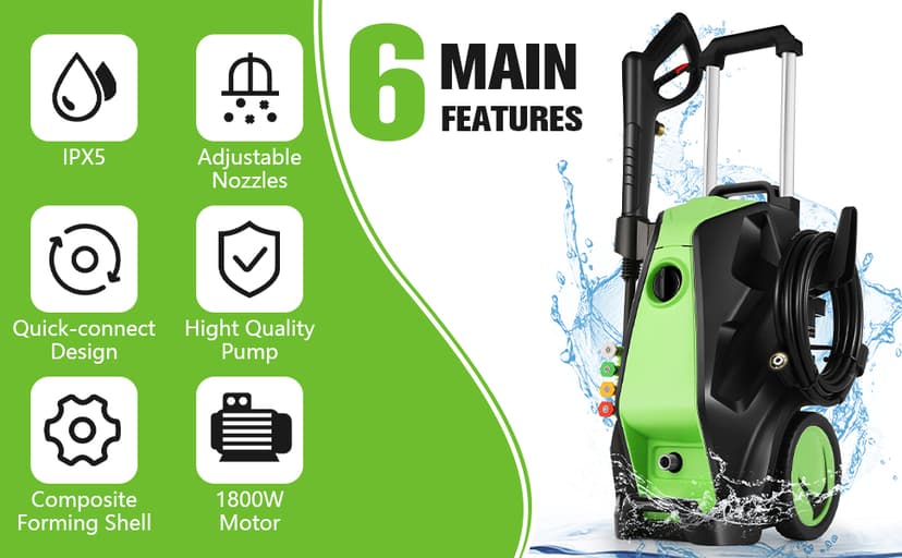 Electric Pressure Washer, 5000PSI 4.0GPM Heavy Duty Power Washer with 33 FT Extension Hose, 4 Quick Connect Nozzles and Foam Cannon for Cars/Fences/Driveways/Patios/Home Cleaning, Green