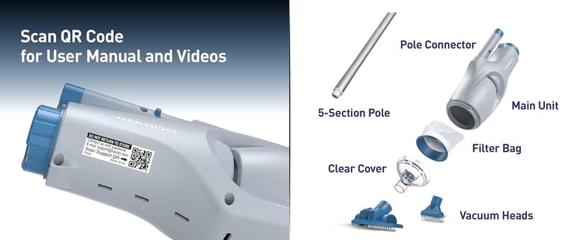 KOKIDO (2025 Upgrade) Rechargeable Handheld Pool Vacuum with Dual Brush Heads and Aluminum Pole, 60 mins Cordless Spot Cleaning Suction, Above Ground Pool, Hot Tub, Spa and Pools to 20ft, XTROVAC 110