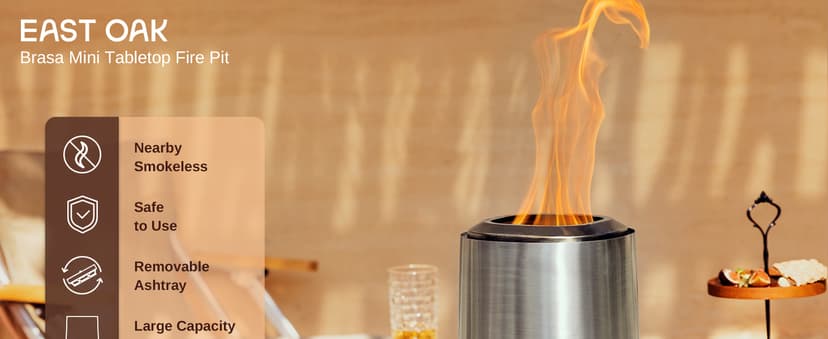 EAST OAK Brasa Smokeless Tabletop Fire Pit, 304 Stainless Steel Mini Tabletop Firepit for Patio and Outdoor Camping, Removable Ashtray, Dual-Fuel Stove, Silicone Pad & Travel Bag, H: 10.1" x D: 7"