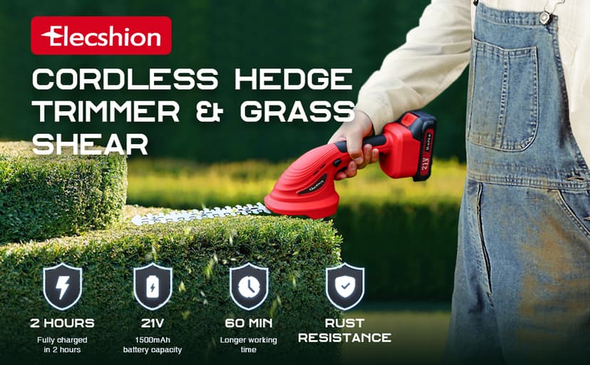 Cordless Hedge Trimmer with Battery (2Pack) and Charger, 2 in 1 Handheld Small Electric Bush Trimmers/Grass Cutter Yard Tool for Shrub/Tree/Lawn, Rechargeable Battery Powered Hedge Clipper for Garden