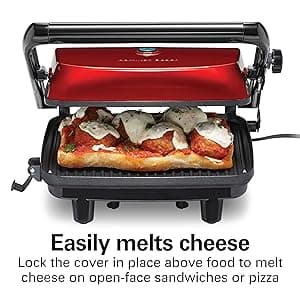 Hamilton Beach Panini Press Sandwich Maker & Electric Indoor Grill with Locking Lid, Opens 180 Degrees for any Thickness for Quesadillas, Burgers & More, Nonstick 8" x 10" Grids, Red (25462Z)
