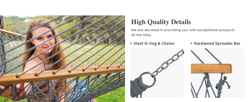 SUNCREAT Double Outdoor Hammock, Polyester Rope Hammock with Strong Spreader bar, Gray