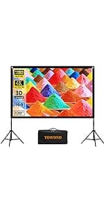 Projector Screen and Stand, Towond 120 inch Portable Projector Screen Indoor Outdoor Movie Screen 16:9 4K HD Wrinkle-Free Lightweight Projection Screen with Carry Bag for Backyard Movie Night
