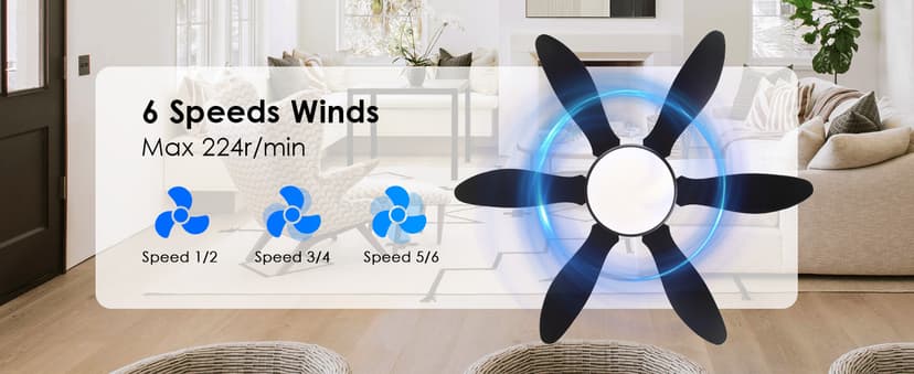 Ceiling Fans with Lights, 51 inch Modern Black Low Profile Ceiling Fan with Light and Remote App Control, Flush Mount, Quiet DC Reversible, Dim Led Ceiling Fan 6 Blade Softer Wind Indoor/Outdoor Patio