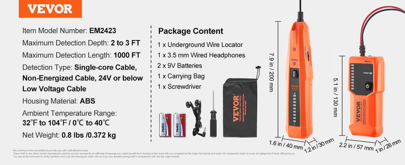 VEVOR Underground Cable Locator, 3 FT Max. Detection Depth, Wire Tracer Break Detector Finder with Earphone, 1000 FT Max.Detection Length Cable Tester for Pet Fence Buried Sprinkler Valve Irrigation